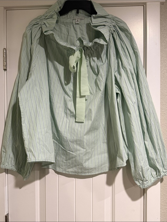 Free Assembly Tops - Light Green Striped Ruffled Tie-Neck Blouse